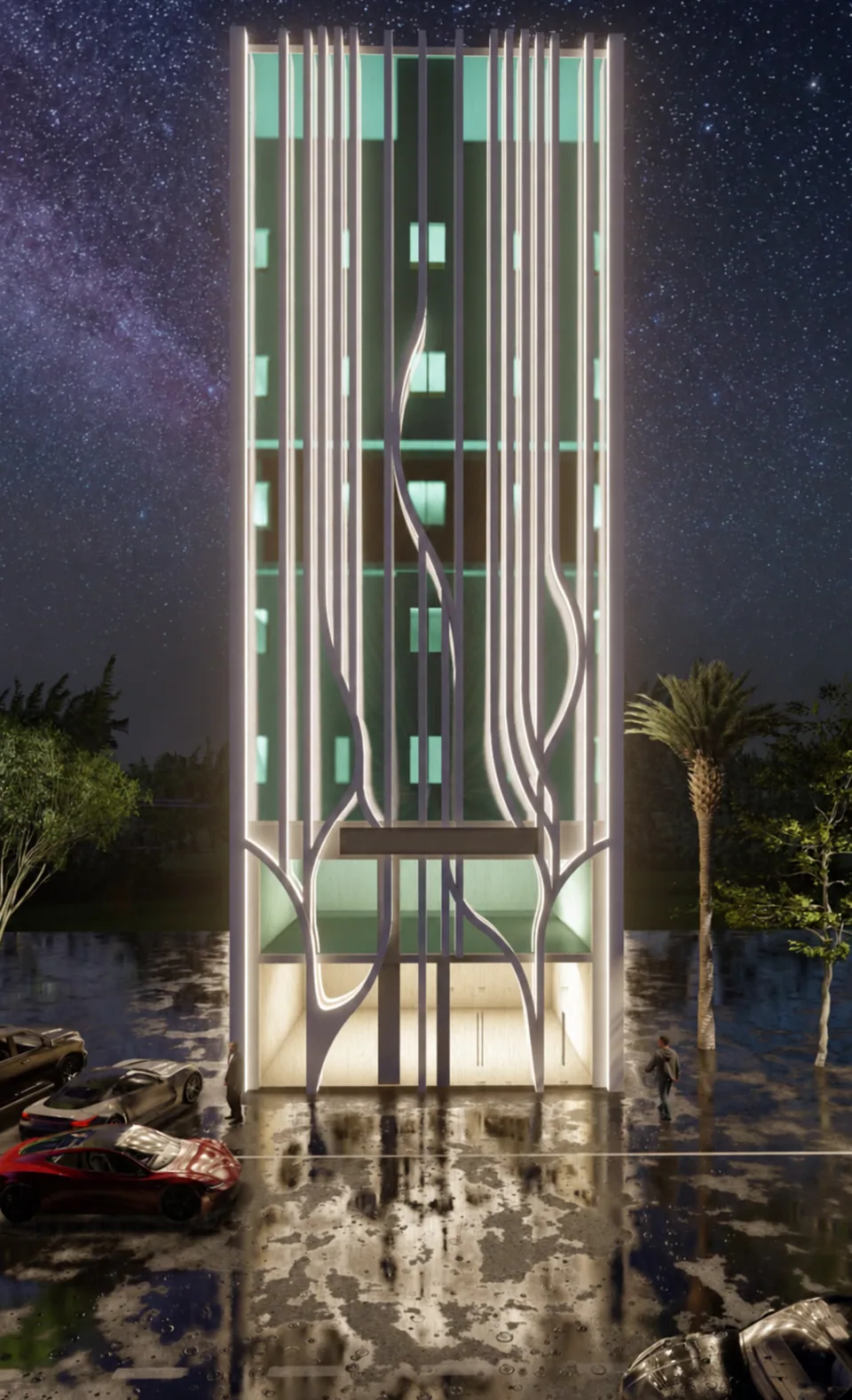 Night-time architectural elevation concept for D Consulate Hotel with illuminated sculpted lines