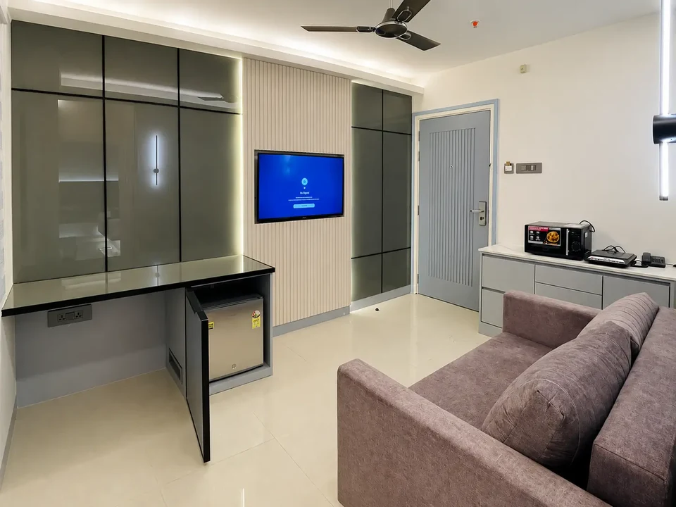 Suite — television and mini-fridge